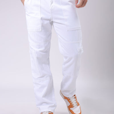 Men's White Dad Fit Solid Utility Cargo Jeans