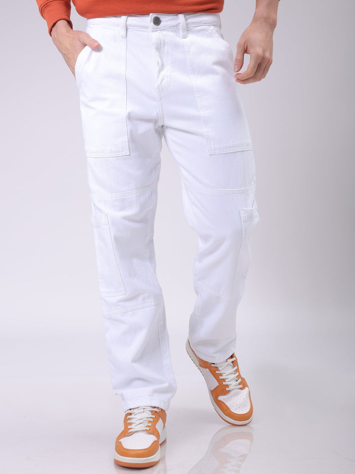 Men's White Dad Fit Solid Utility Cargo Jeans