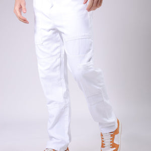 Men's White Dad Fit Solid Utility Cargo Jeans