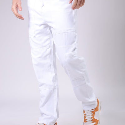 Men's White Dad Fit Solid Utility Cargo Jeans
