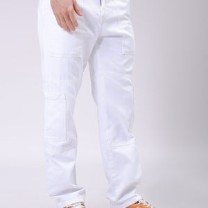 Men's White Dad Fit Solid Utility Cargo Jeans