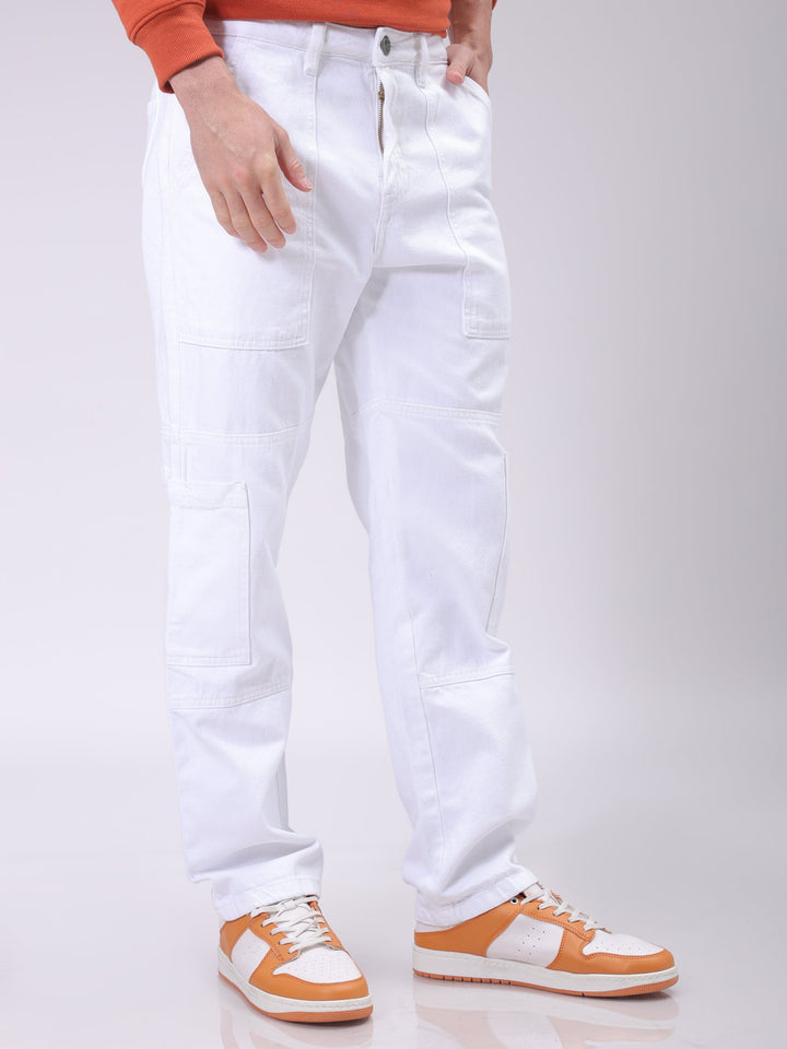 Men's White Dad Fit Solid Utility Cargo Jeans