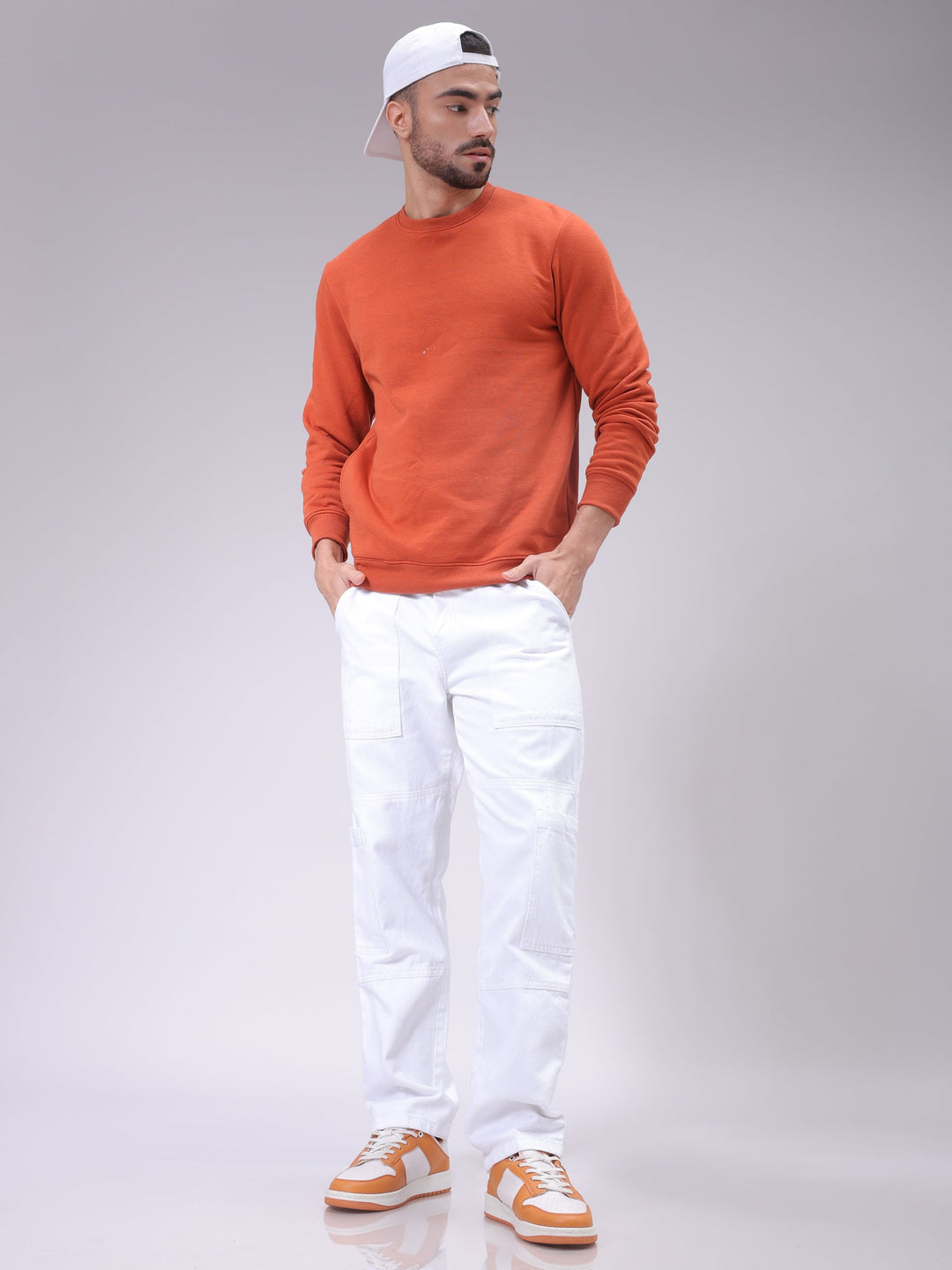 Men's White Dad Fit Solid Utility Cargo Jeans