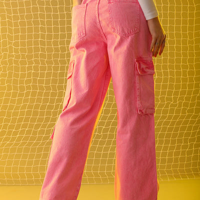 Women's Pink Relaxed Solid Jeans