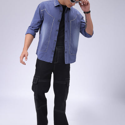Men's Navy Blue Regular Fit Vintage Shirt
