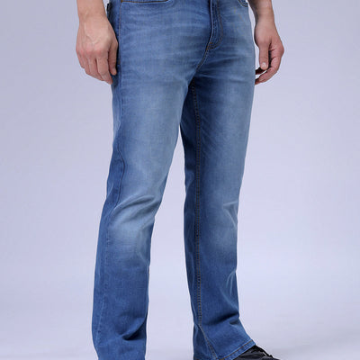 Men's Blue Bootcut Slim Fit Solid Stretchable Jeans