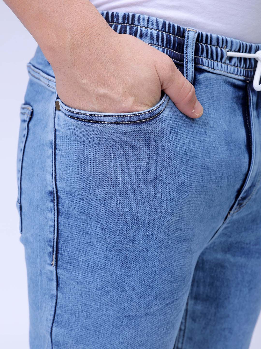 Men's Blue Regular Fit Solid Stretchable Denim Jogger