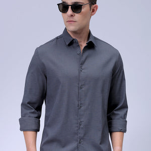 Men's Grey Slim Fit Solid Dobby Textured Corduroy Casual Shirt