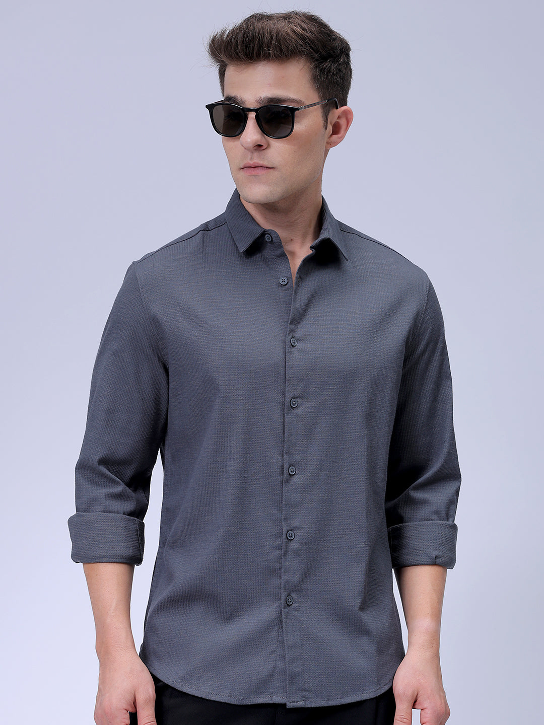 Men's Grey Slim Fit Solid Dobby Textured Corduroy Casual Shirt