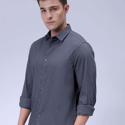 Men's Grey Slim Fit Solid Dobby Textured Corduroy Casual Shirt