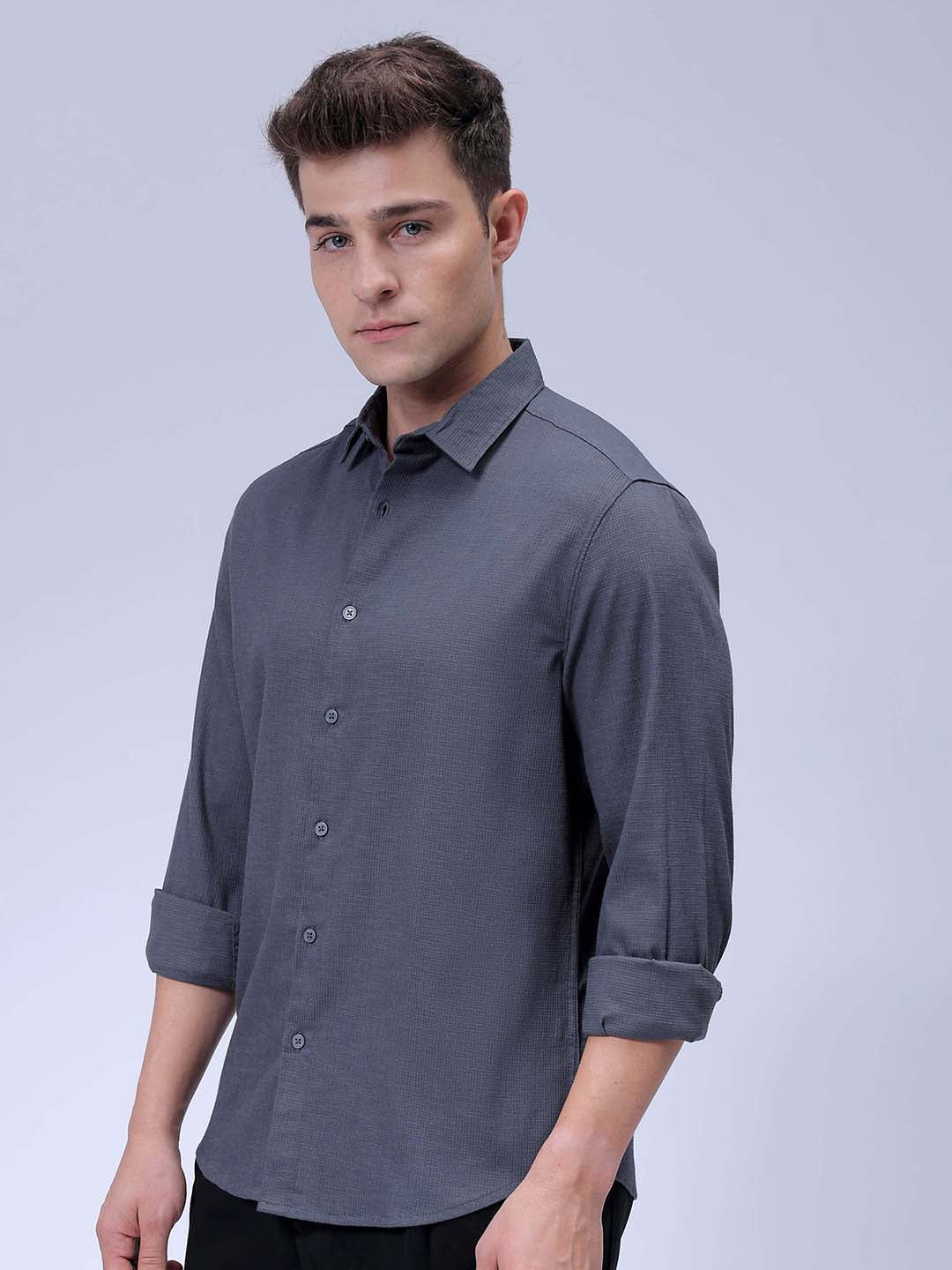 Men's Grey Slim Fit Solid Dobby Textured Corduroy Casual Shirt