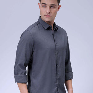 Men's Grey Slim Fit Solid Dobby Textured Corduroy Casual Shirt