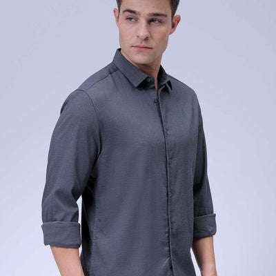 Men's Grey Slim Fit Solid Dobby Textured Corduroy Casual Shirt