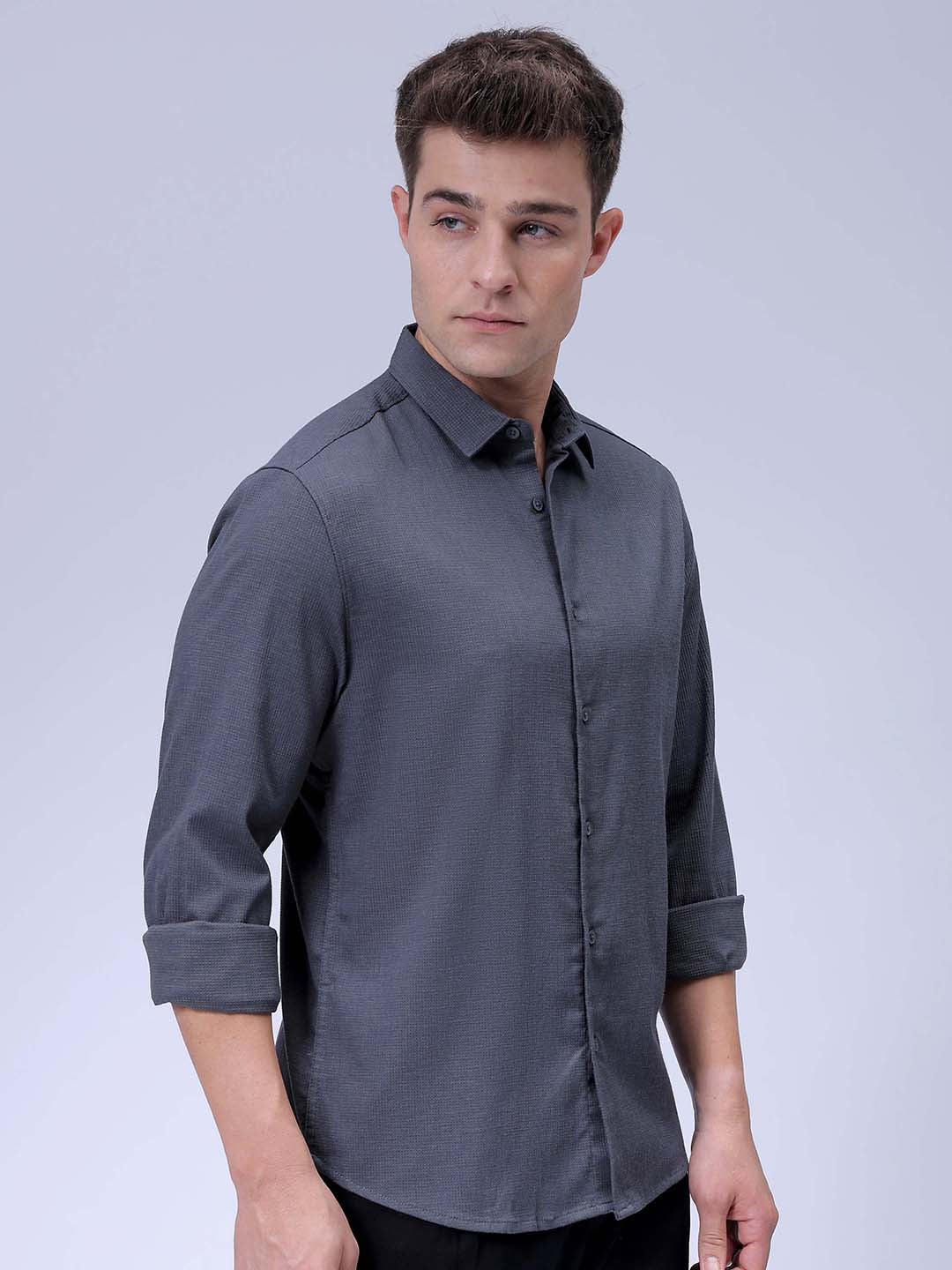 Men's Grey Slim Fit Solid Dobby Textured Corduroy Casual Shirt