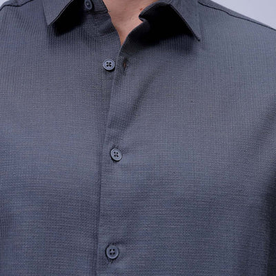 Men's Grey Slim Fit Solid Dobby Textured Corduroy Casual Shirt