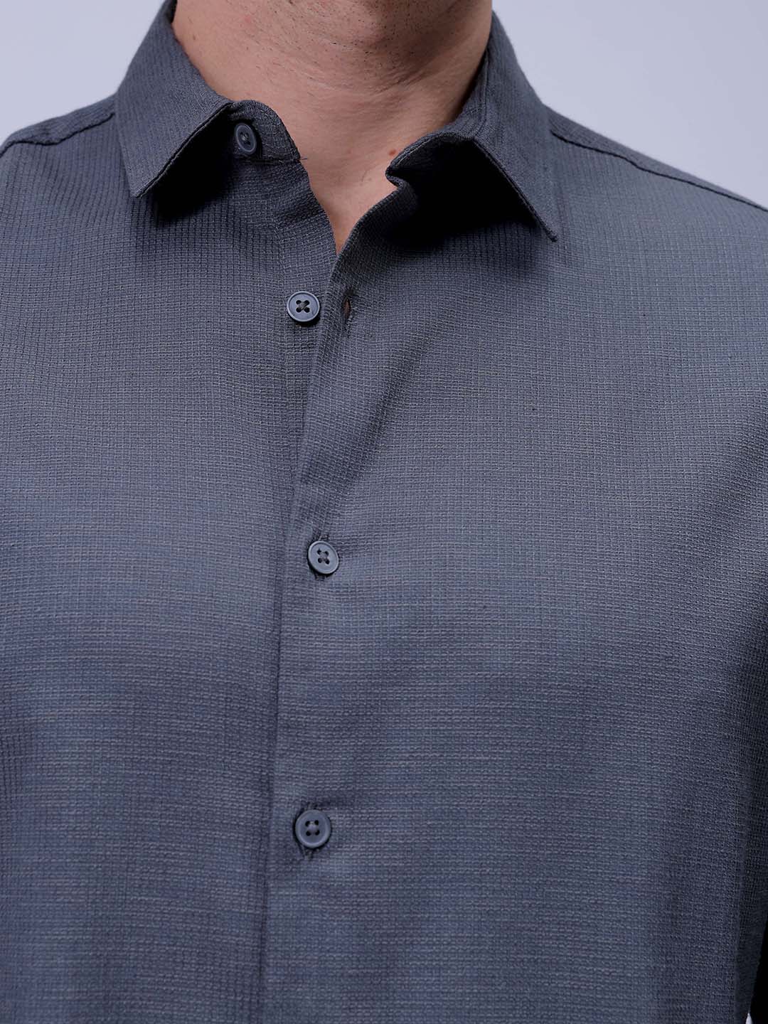 Men's Grey Slim Fit Solid Dobby Textured Corduroy Casual Shirt