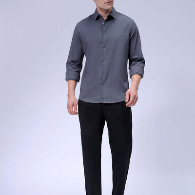 Men's Grey Slim Fit Solid Dobby Textured Corduroy Casual Shirt