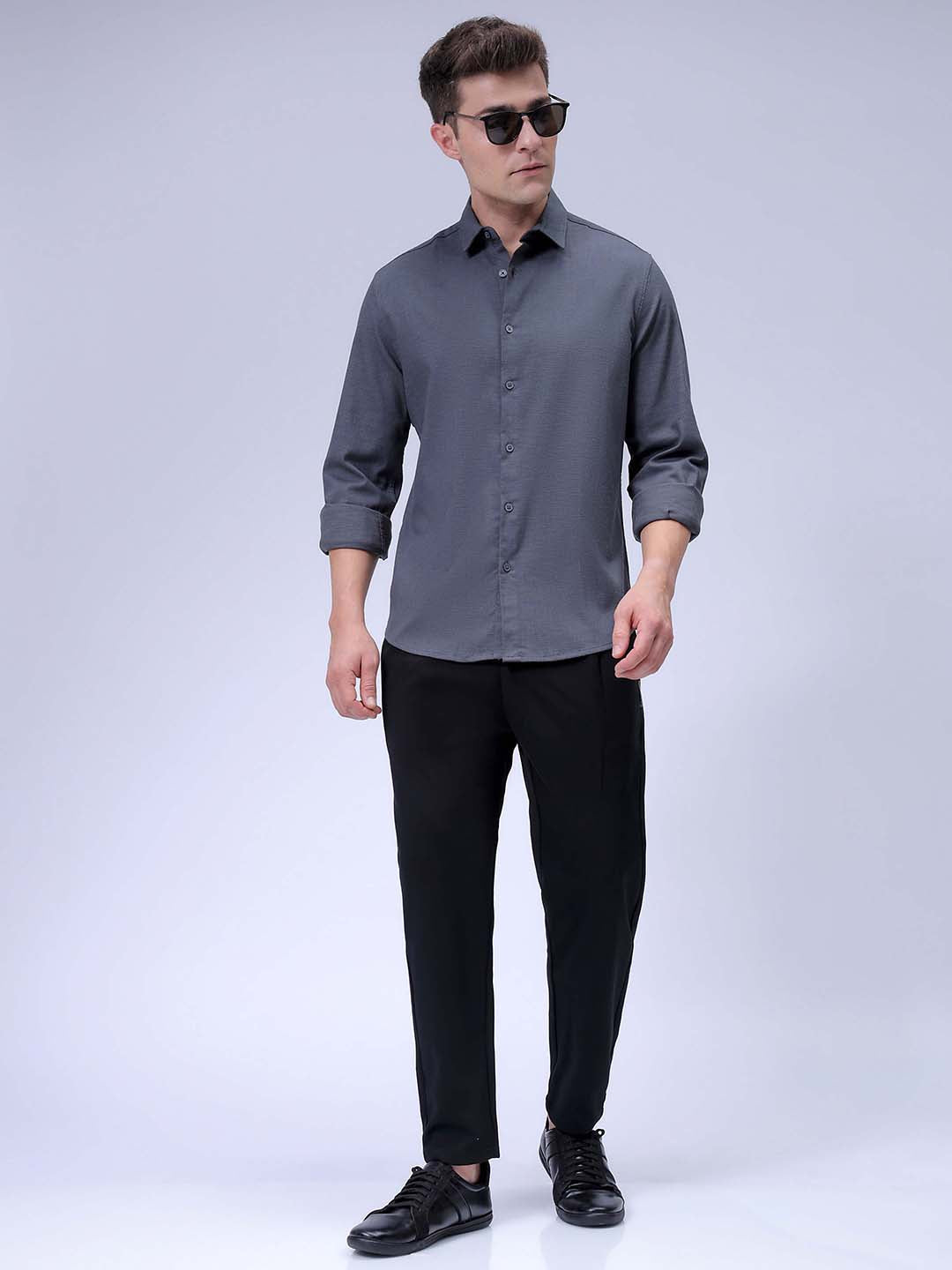 Men's Grey Slim Fit Solid Dobby Textured Corduroy Casual Shirt