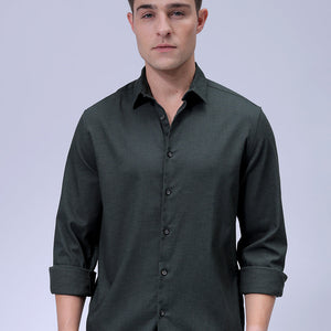 Men's Green Slim Fit Solid Dobby Textured Corduroy Casual Shirt