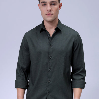 Men's Green Slim Fit Solid Dobby Textured Corduroy Casual Shirt