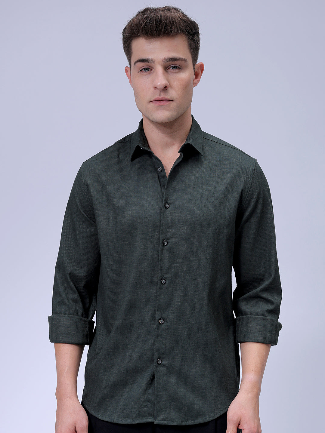Men's Green Slim Fit Solid Dobby Textured Corduroy Casual Shirt
