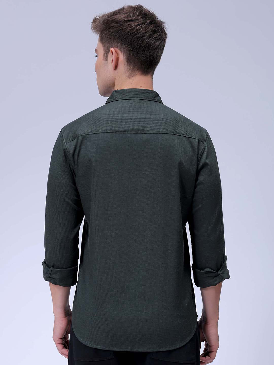 Men's Green Slim Fit Solid Dobby Textured Corduroy Casual Shirt