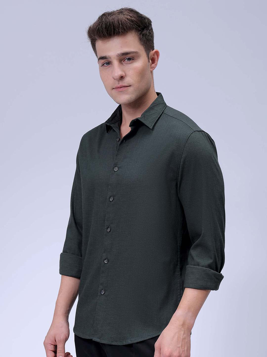 Men's Green Slim Fit Solid Dobby Textured Corduroy Casual Shirt