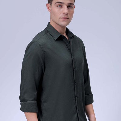 Men's Green Slim Fit Solid Dobby Textured Corduroy Casual Shirt