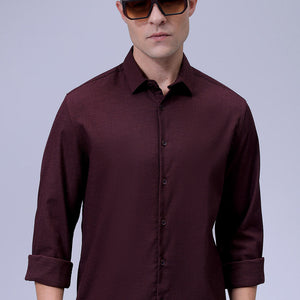 Men's Burgundy Slim Fit Solid Dobby Textured Corduroy Casual Shirt