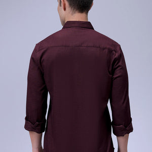 Men's Burgundy Slim Fit Solid Dobby Textured Corduroy Casual Shirt
