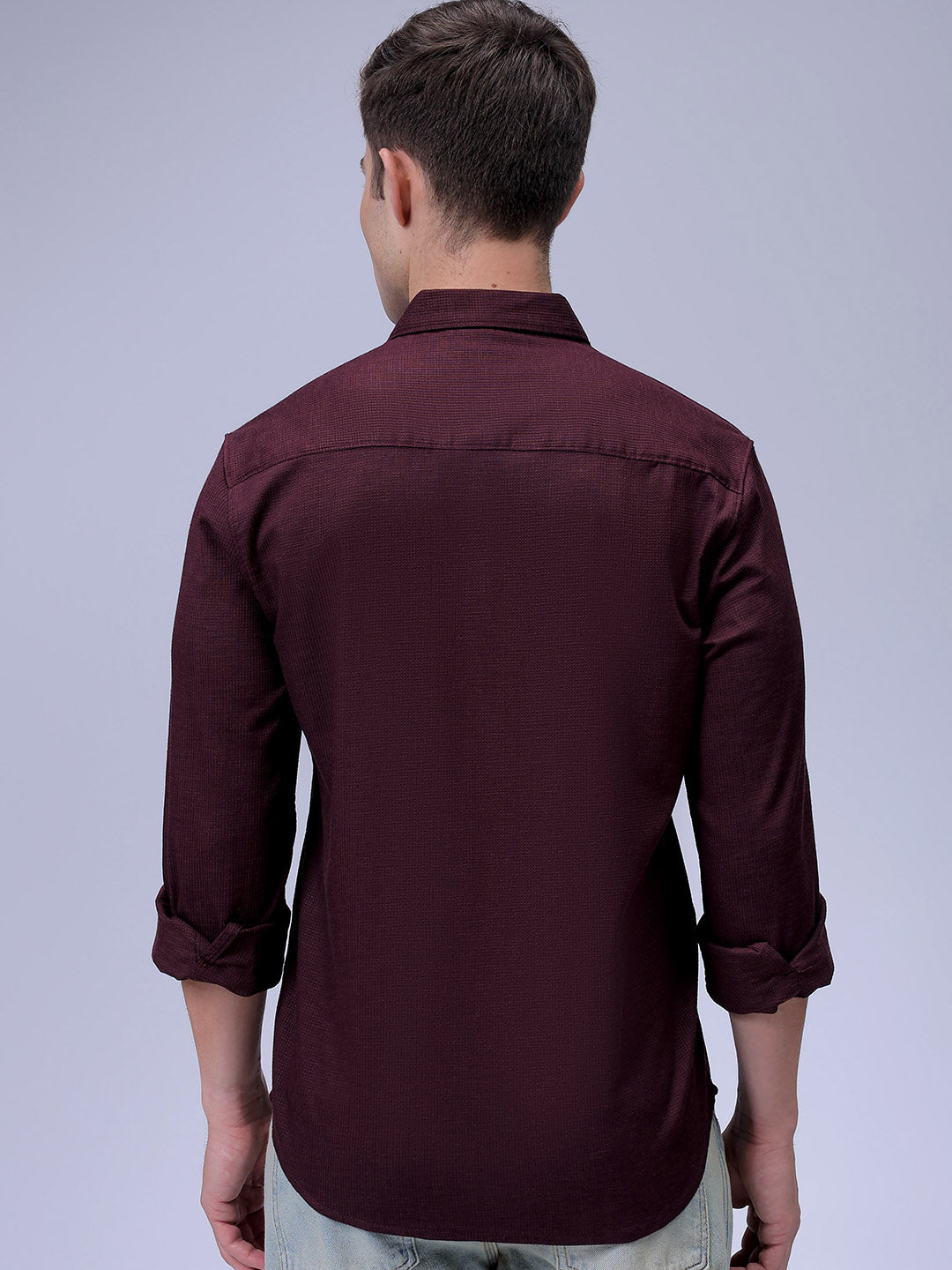 Men's Burgundy Slim Fit Solid Dobby Textured Corduroy Casual Shirt