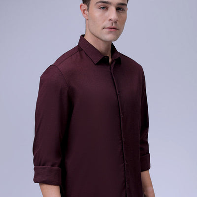 Men's Burgundy Slim Fit Solid Dobby Textured Corduroy Casual Shirt