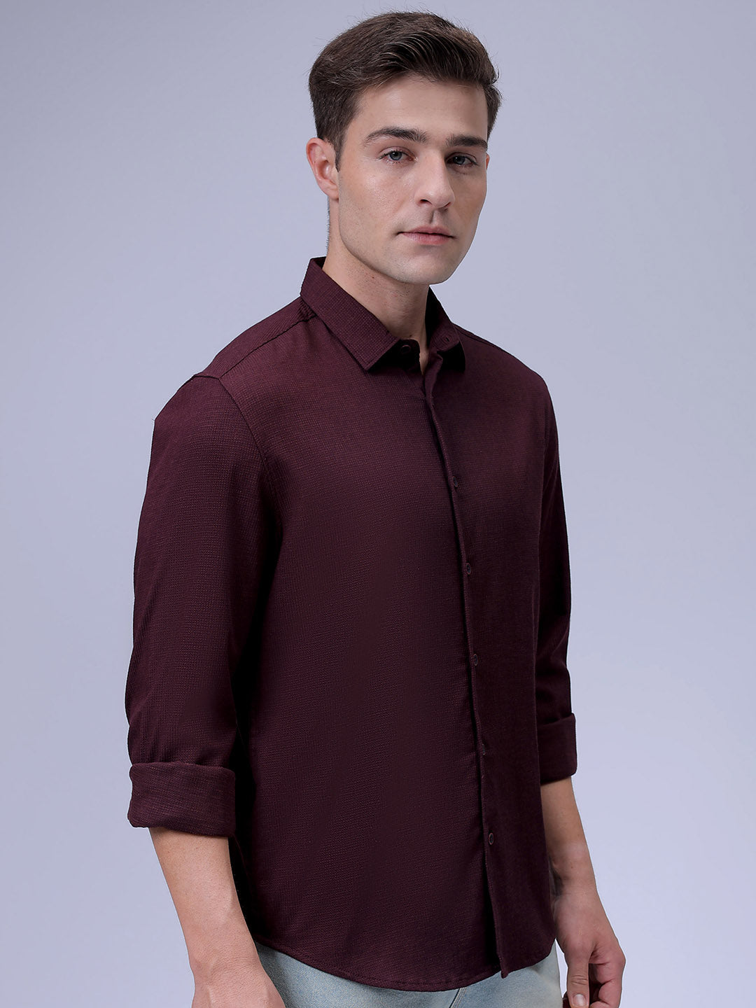 Men's Burgundy Slim Fit Solid Dobby Textured Corduroy Casual Shirt