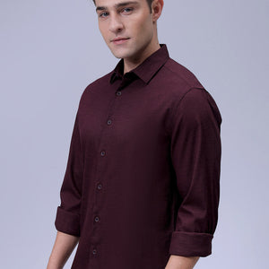 Men's Burgundy Slim Fit Solid Dobby Textured Corduroy Casual Shirt