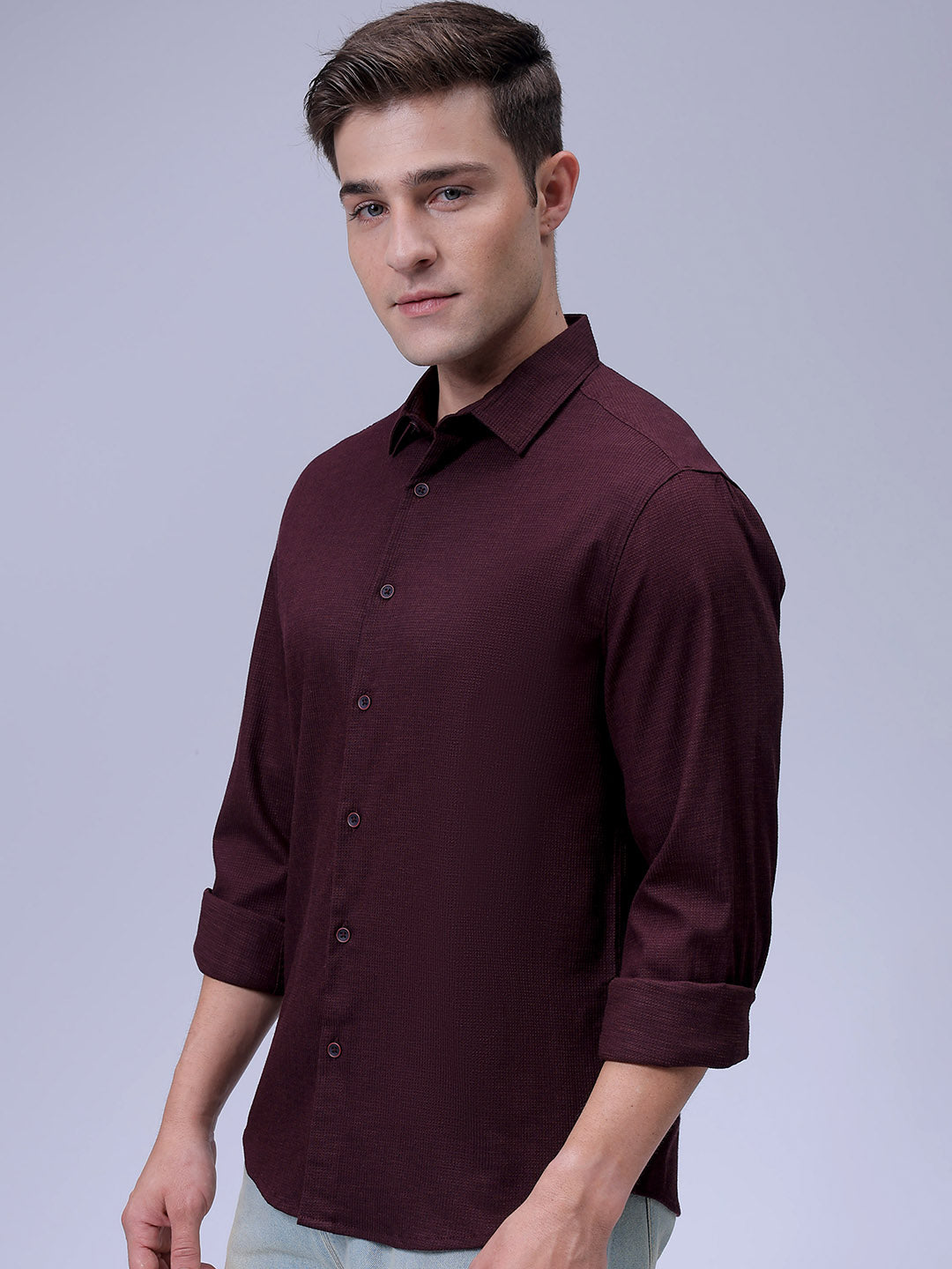 Men's Burgundy Slim Fit Solid Dobby Textured Corduroy Casual Shirt