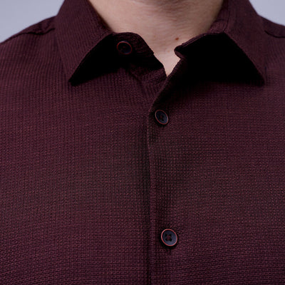 Men's Burgundy Slim Fit Solid Dobby Textured Corduroy Casual Shirt