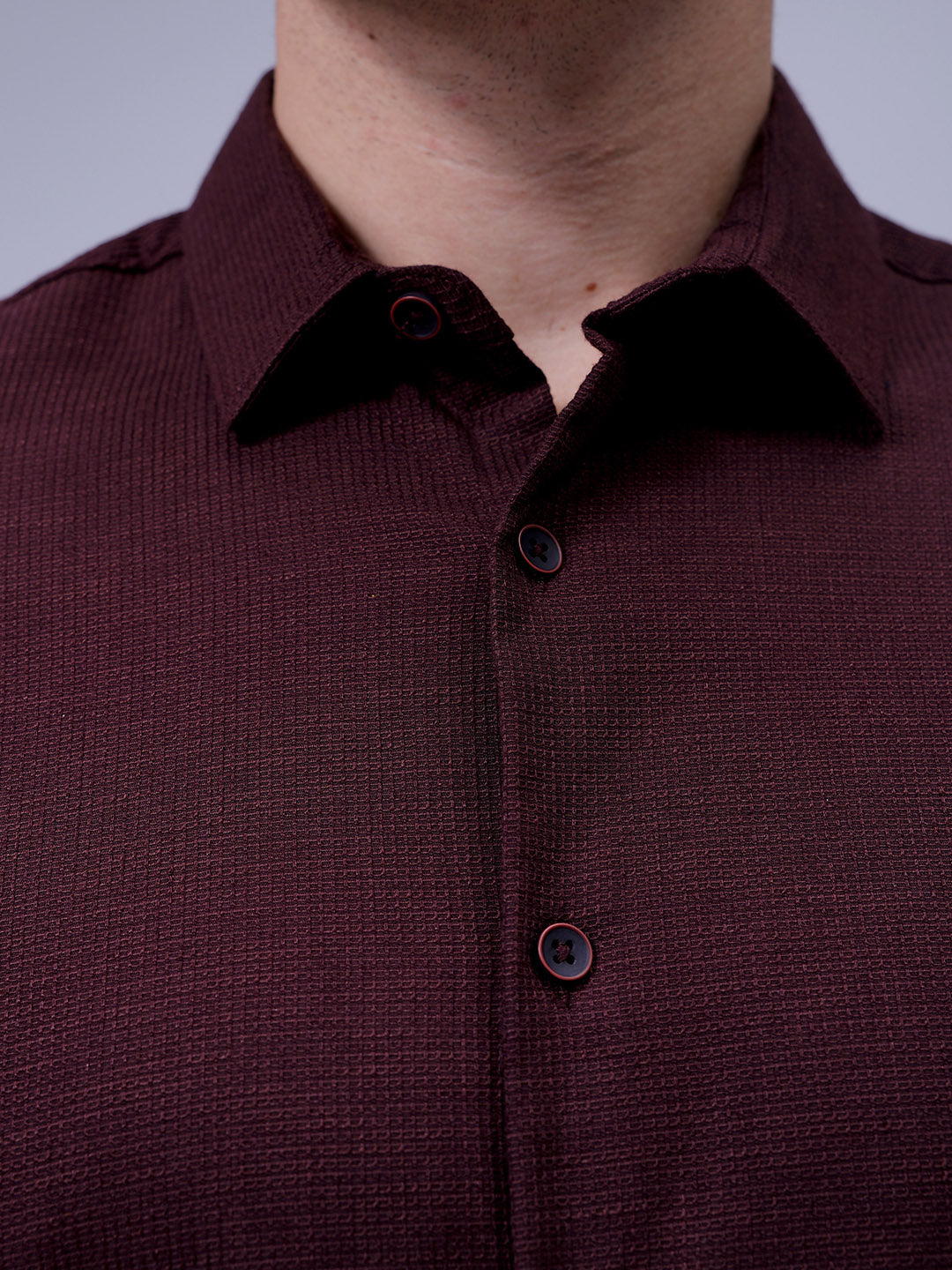 Men's Burgundy Slim Fit Solid Dobby Textured Corduroy Casual Shirt