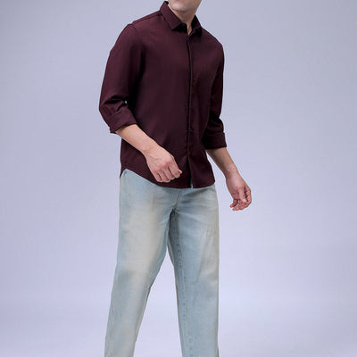 Men's Burgundy Slim Fit Solid Dobby Textured Corduroy Casual Shirt