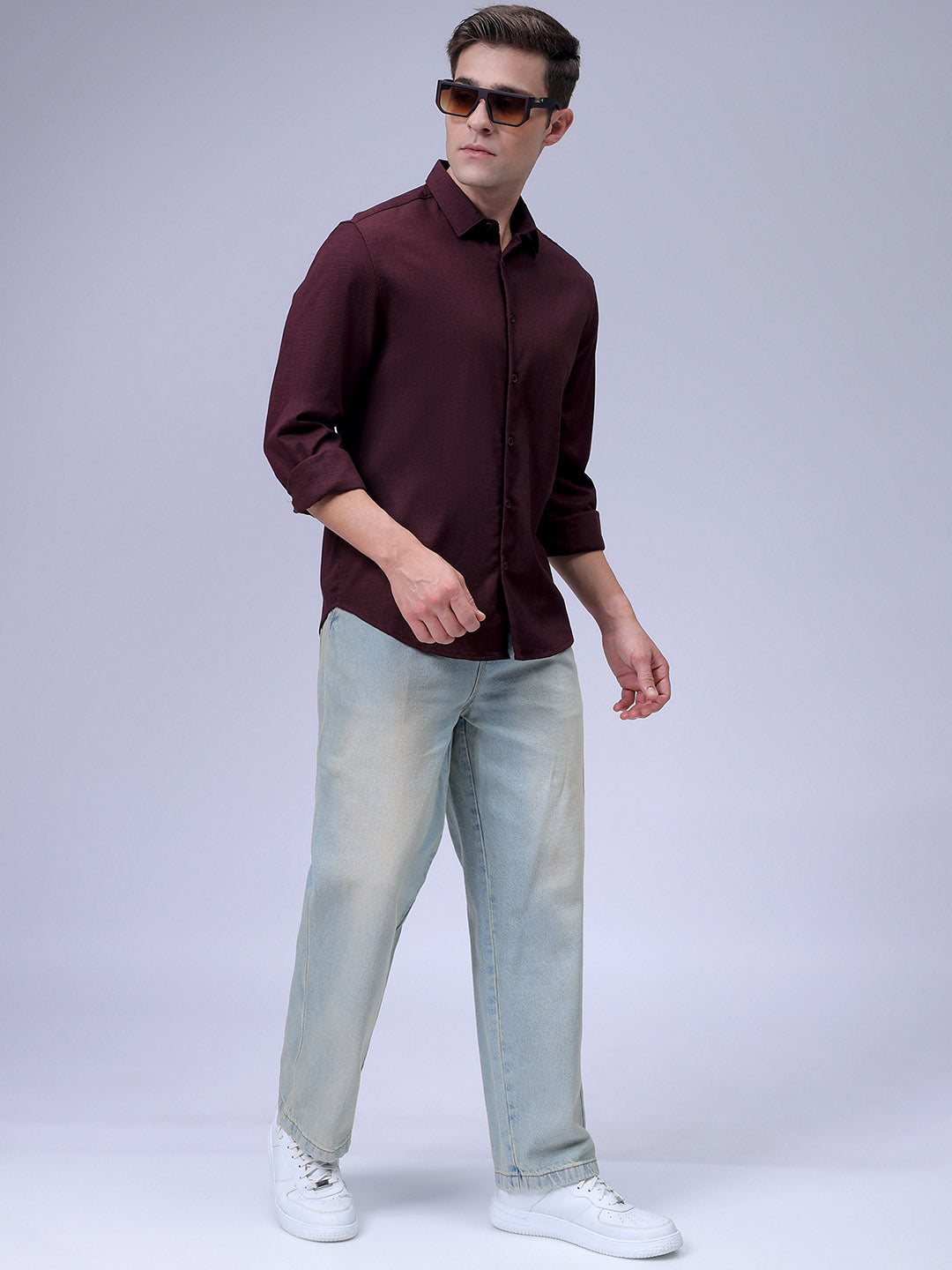 Men's Burgundy Slim Fit Solid Dobby Textured Corduroy Casual Shirt