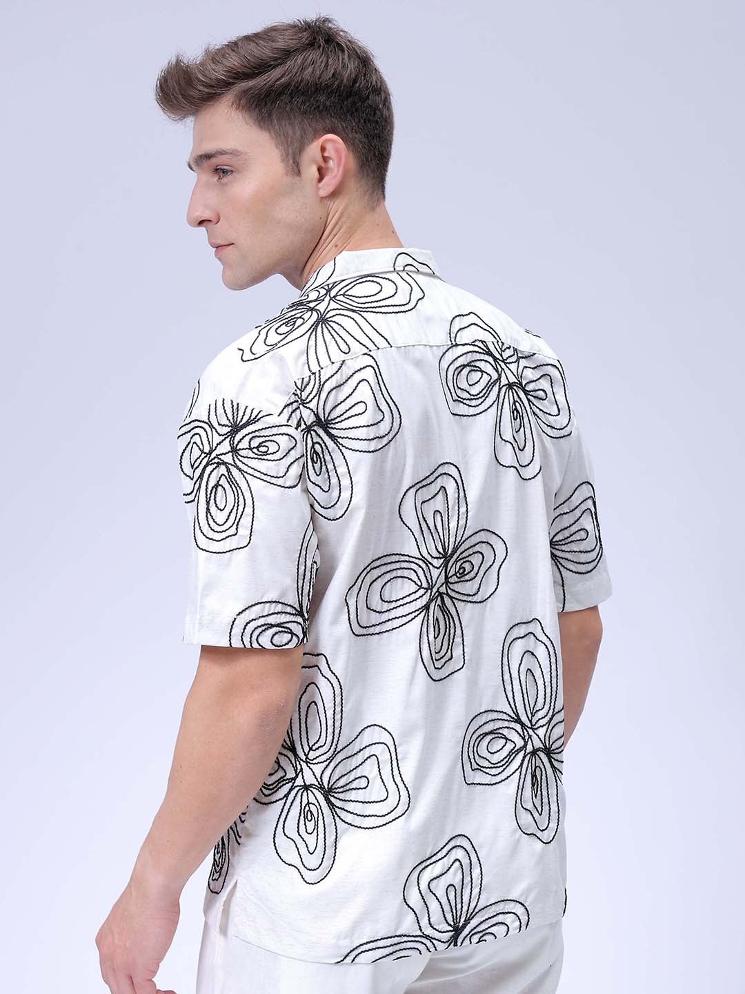Men's Beige Relaxed Fit Embroidered Textured Resortwear Shirt