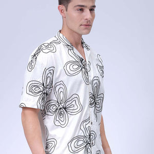 Men's Beige Relaxed Fit Embroidered Textured Resortwear Shirt