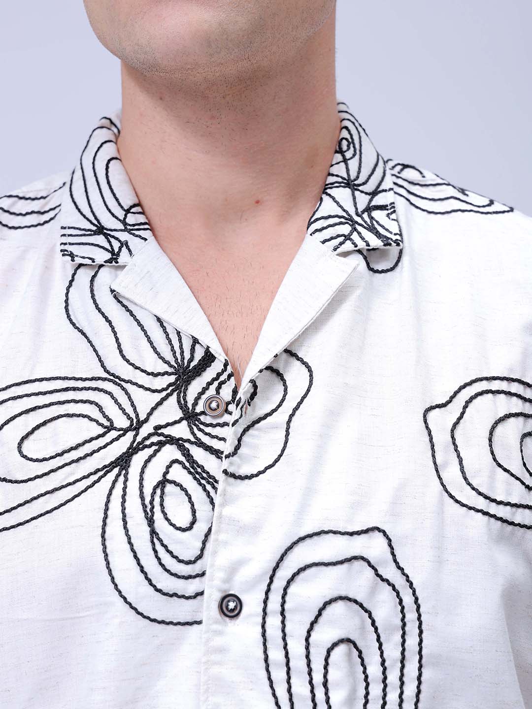 Men's Beige Relaxed Fit Embroidered Textured Resortwear Shirt