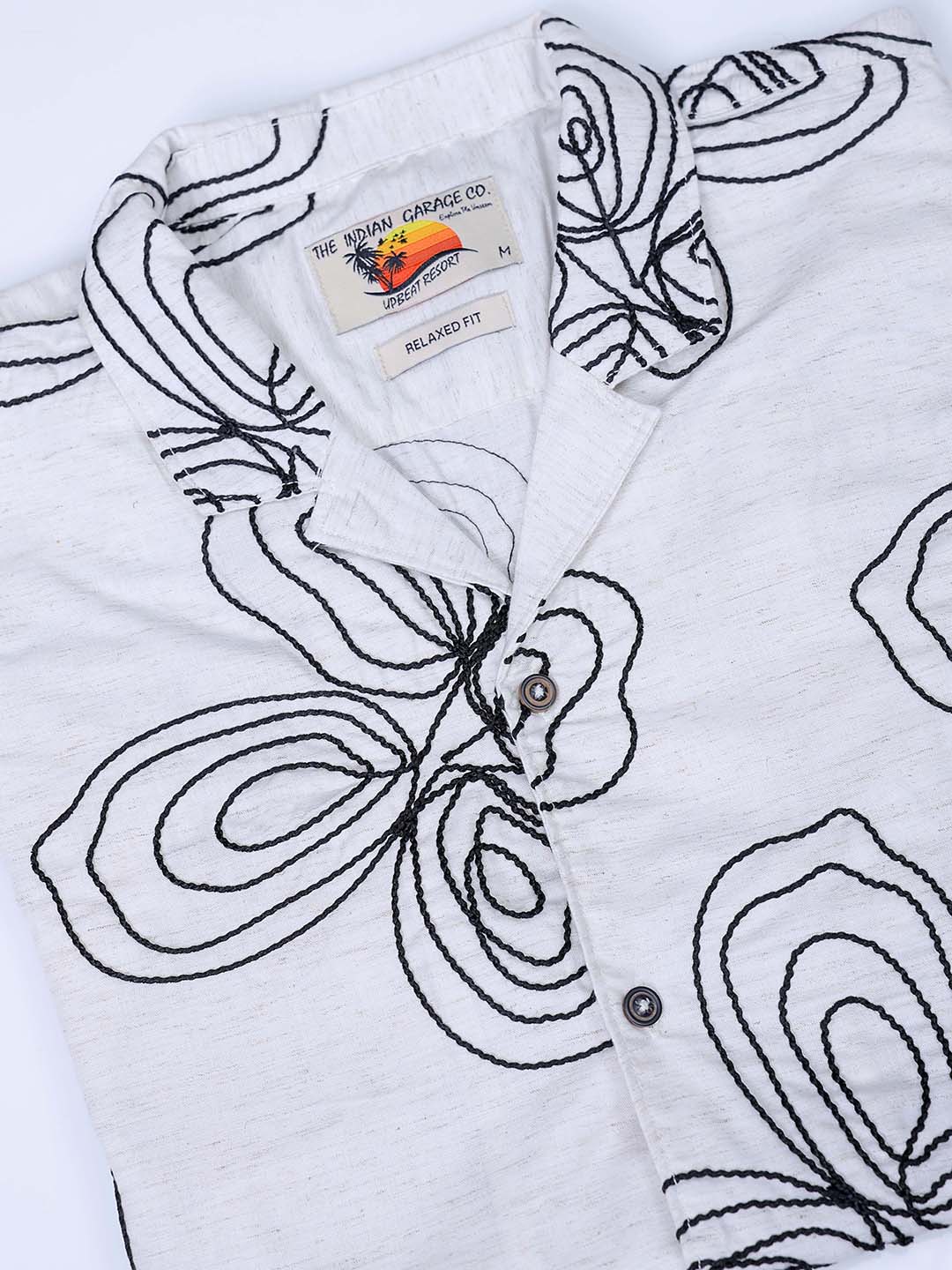 Men's Beige Relaxed Fit Embroidered Textured Resortwear Shirt
