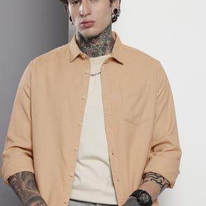 Men's Khaki Regular Fit Solid Resort Wear Shirt