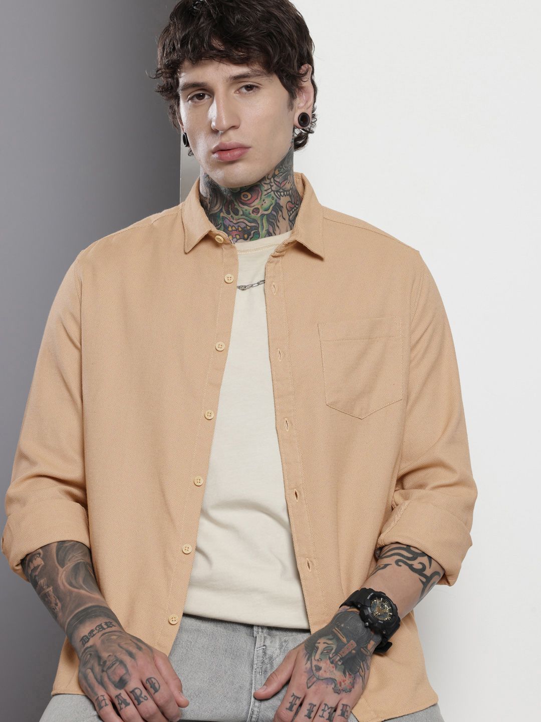 Men's Khaki Regular Fit Solid Resort Wear Shirt