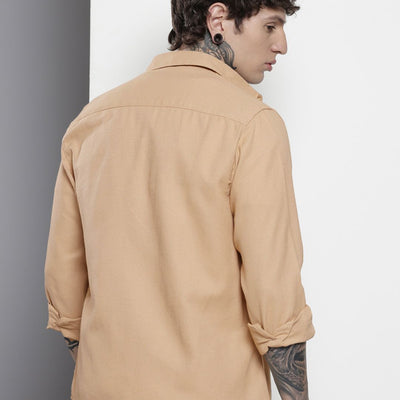 Men's Khaki Regular Fit Solid Resort Wear Shirt