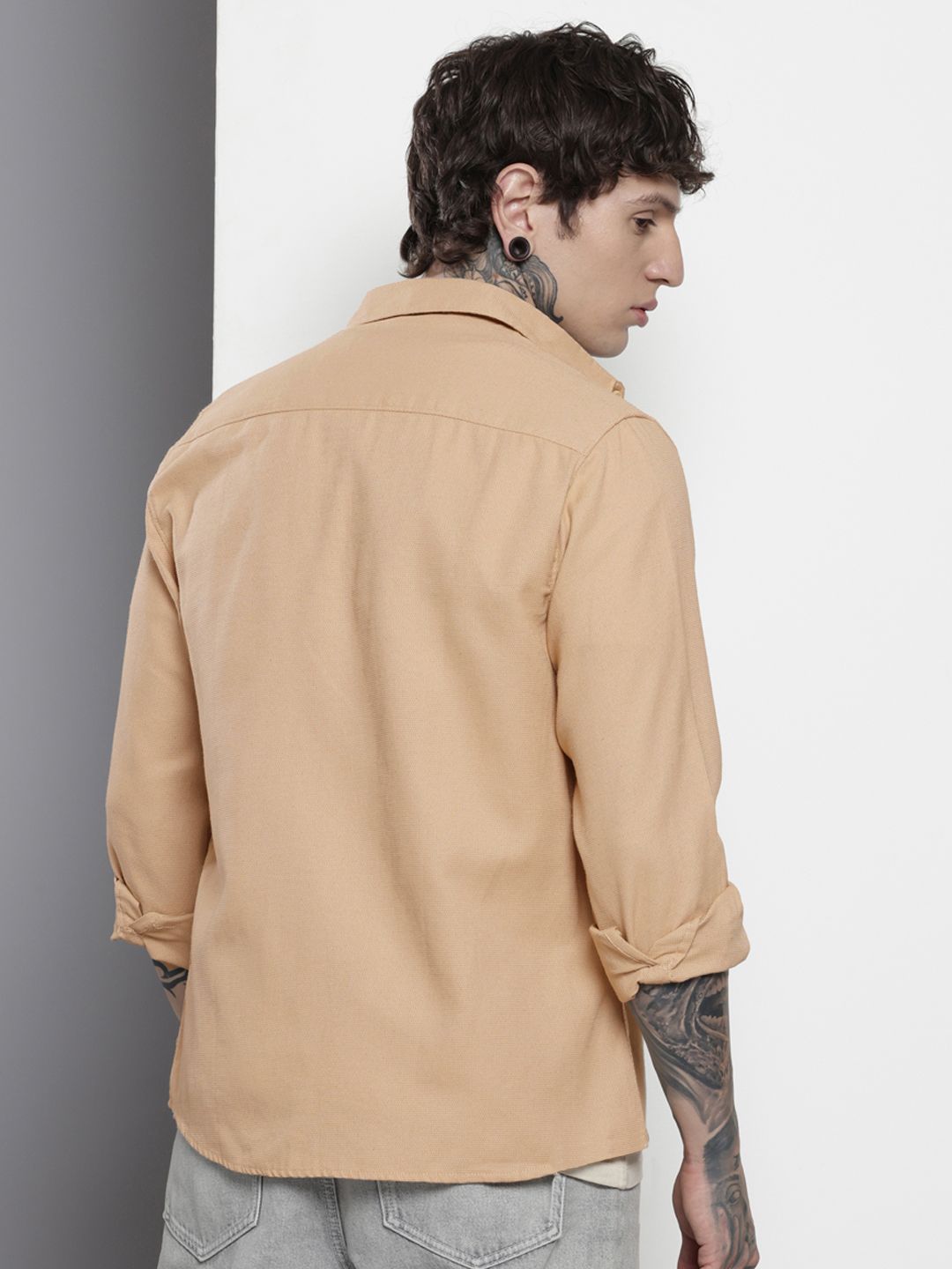 Men's Khaki Regular Fit Solid Resort Wear Shirt
