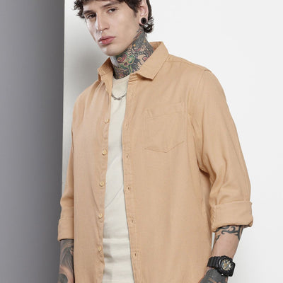 Men's Khaki Regular Fit Solid Resort Wear Shirt