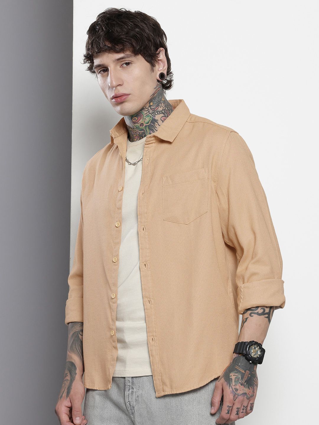 Men's Khaki Regular Fit Solid Resort Wear Shirt