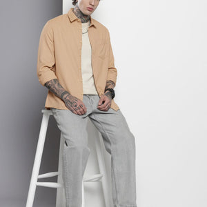 Men's Khaki Regular Fit Solid Resort Wear Shirt
